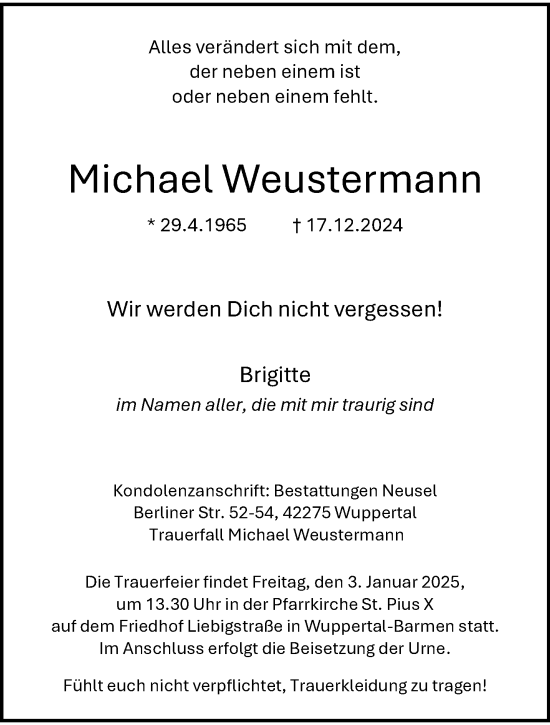 Traueranzeige von Michael Weustermann von trauer.wuppertaler-rundschau.de