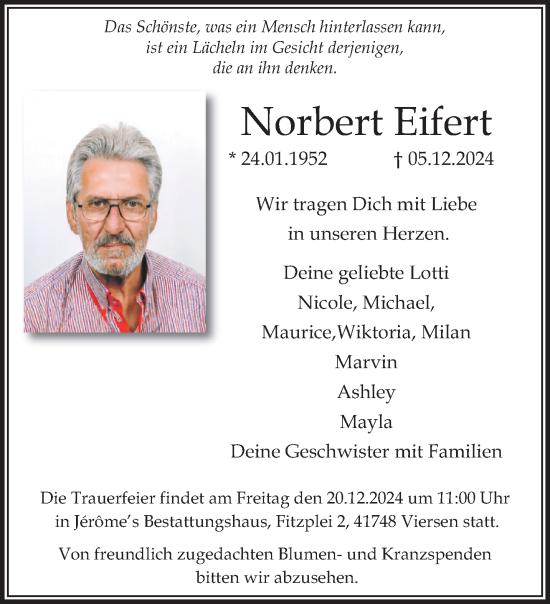 Traueranzeige von Norbert Eifert von trauer.extra-tipp-moenchengladbach.de