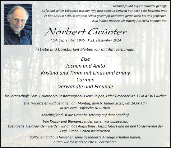 Traueranzeige von Norbert Grünter von trauer.stadt-kurier.de