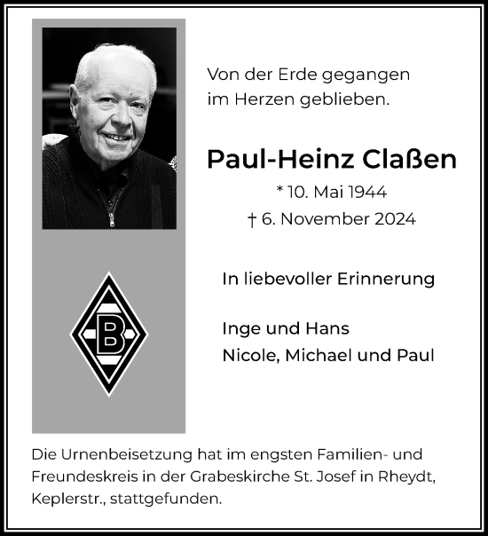 Traueranzeige von Paul-Heinz Claßen von trauer.extra-tipp-moenchengladbach.de