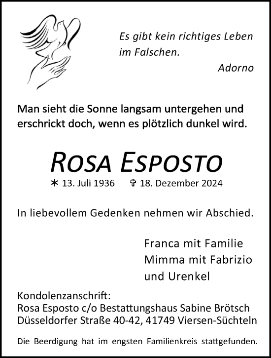 Traueranzeige von Rosa Esposto von trauer.extra-tipp-moenchengladbach.de