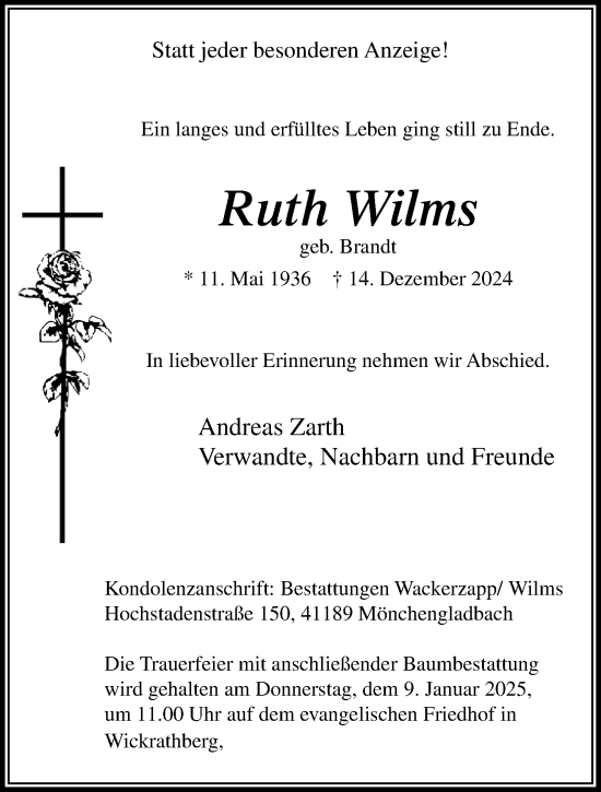 Traueranzeige von Ruth Wilms von trauer.extra-tipp-moenchengladbach.de