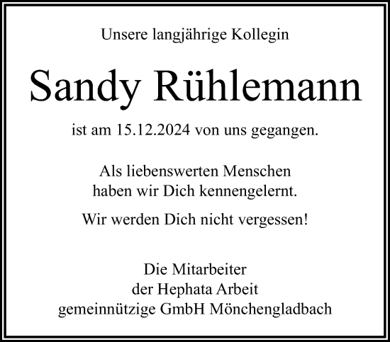 Traueranzeige von Sandy Rühlemann von trauer.extra-tipp-moenchengladbach.de