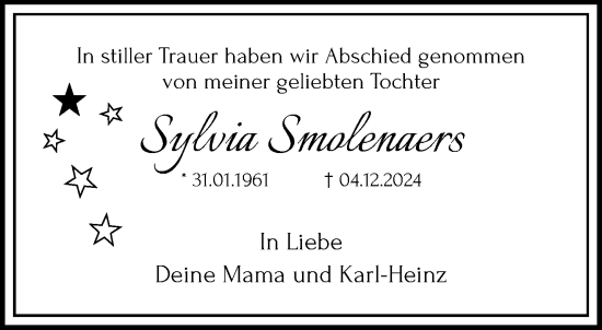 Traueranzeige von Sylvia Smolenaers von trauer.extra-tipp-moenchengladbach.de