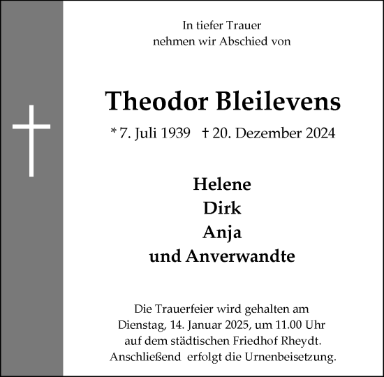 Traueranzeige von Theodor Bleilevens von trauer.extra-tipp-moenchengladbach.de