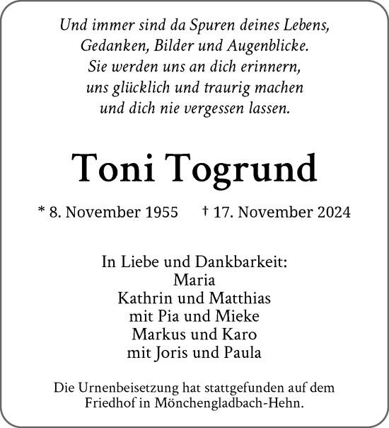 Traueranzeige von Toni Togrund von trauer.extra-tipp-moenchengladbach.de