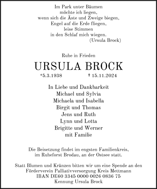 Traueranzeige von Ursula Brock von trauer.duesseldorfer-anzeiger.de