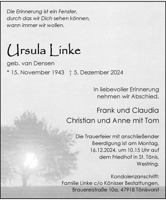 Traueranzeige von Ursula Linke von trauer.extra-tipp-moenchengladbach.de