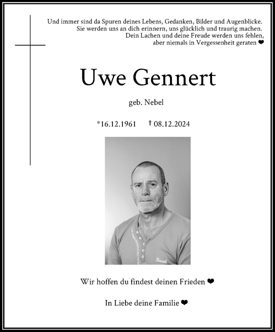 Traueranzeige von Uwe Gennert von trauer.extra-tipp-moenchengladbach.de