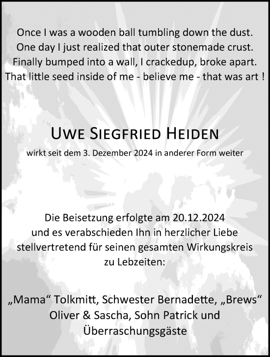 Traueranzeige von Uwe Siegfried Heiden von trauer.extra-tipp-moenchengladbach.de