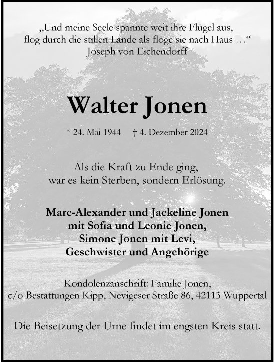 Traueranzeige von Walter Jonen von trauer.wuppertaler-rundschau.de