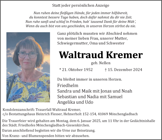 Traueranzeige von Waltraud Kremer von trauer.extra-tipp-moenchengladbach.de