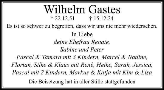 Traueranzeige von Wilhelm Gastes von trauer.extra-tipp-moenchengladbach.de