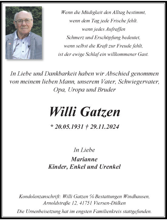 Traueranzeige von Willi Gatzen von trauer.extra-tipp-moenchengladbach.de