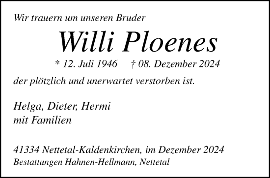 Traueranzeige von Willi Ploenes von trauer.extra-tipp-moenchengladbach.de