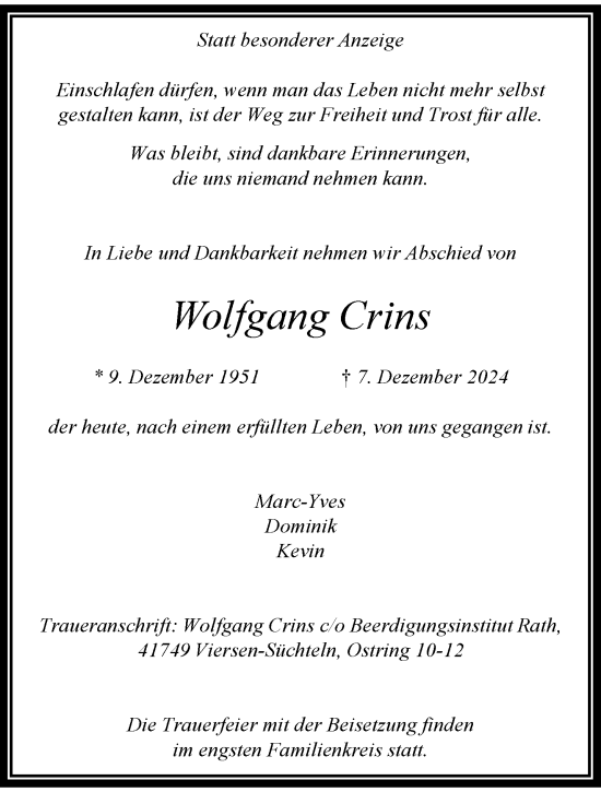 Traueranzeige von Wolfgang Crins von trauer.extra-tipp-moenchengladbach.de