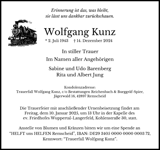 Traueranzeige von Wolfgang Kunz von trauer.wuppertaler-rundschau.de