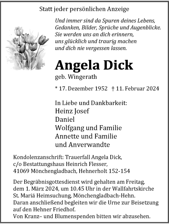 Traueranzeige von Angela Dick von trauer.extra-tipp-moenchengladbach.de