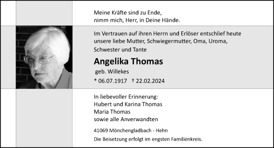 Traueranzeige von Angelika Thomas von trauer.extra-tipp-moenchengladbach.de