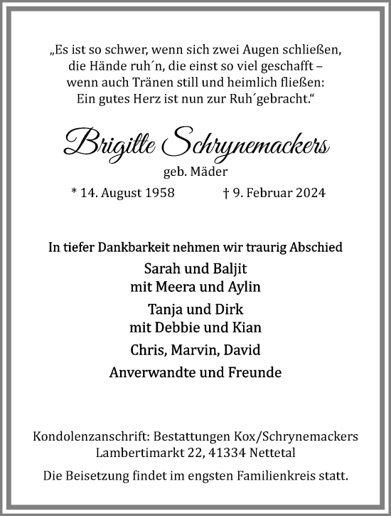 Traueranzeige von Brigitte Schrynemackers von trauer.extra-tipp-moenchengladbach.de