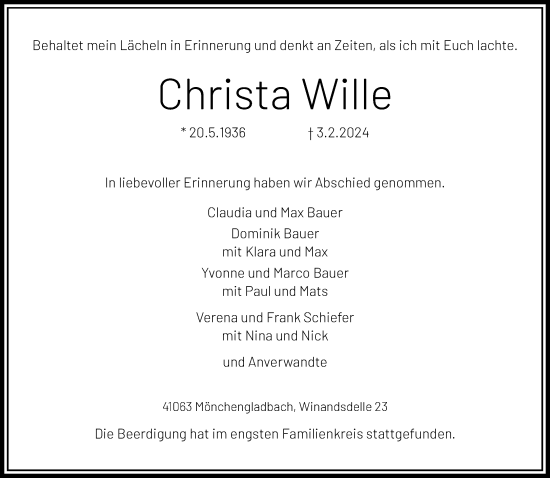Traueranzeige von Christa Wille von trauer.extra-tipp-moenchengladbach.de
