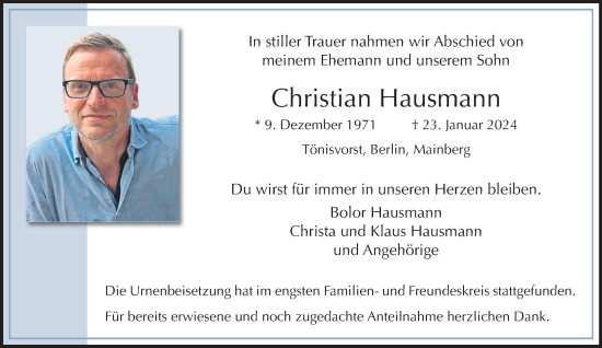 Traueranzeige von Christian Hausmann von trauer.extra-tipp-moenchengladbach.de