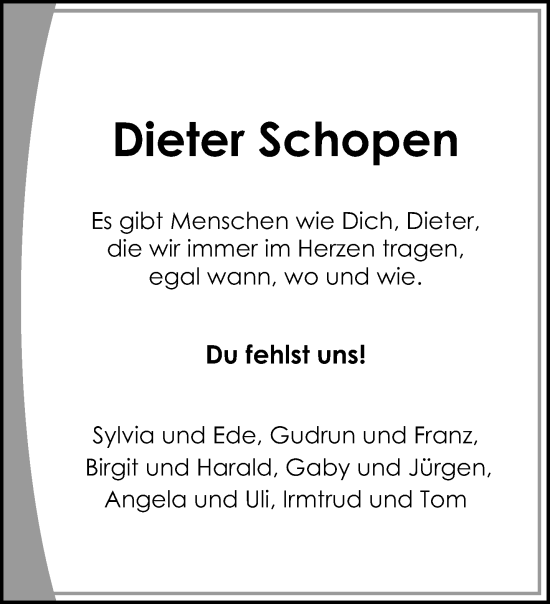 Traueranzeige von Dieter Schopen von trauer.extra-tipp-moenchengladbach.de