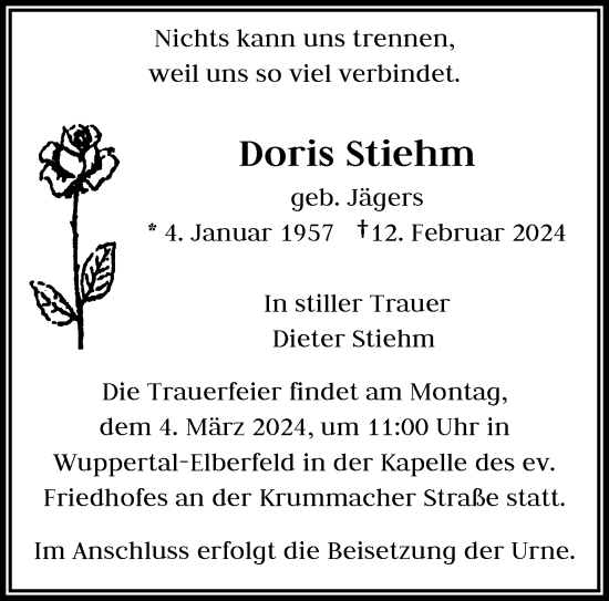 Traueranzeige von Doris Stiehm von trauer.wuppertaler-rundschau.de