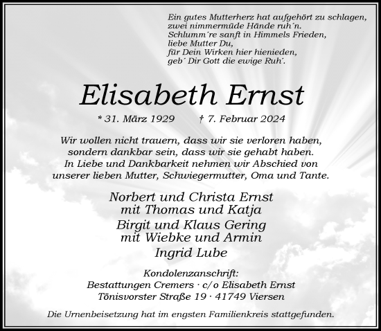 Traueranzeige von Elisabeth Ernst von trauer.extra-tipp-moenchengladbach.de