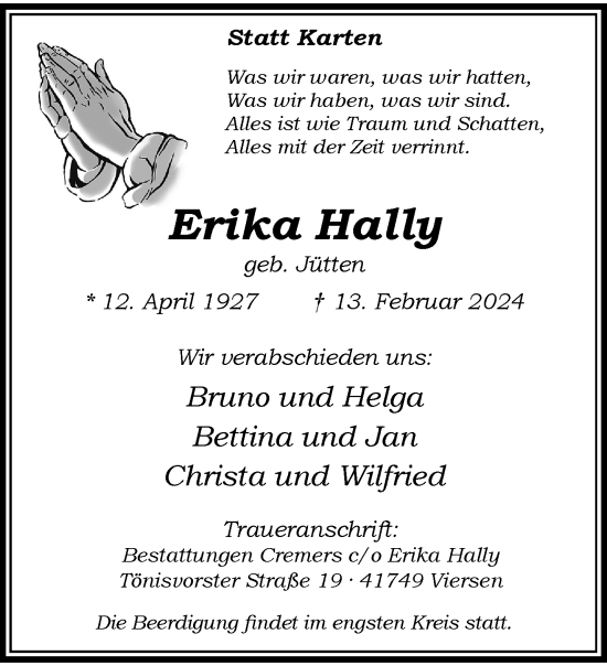 Traueranzeige von Erika Hally von trauer.extra-tipp-moenchengladbach.de