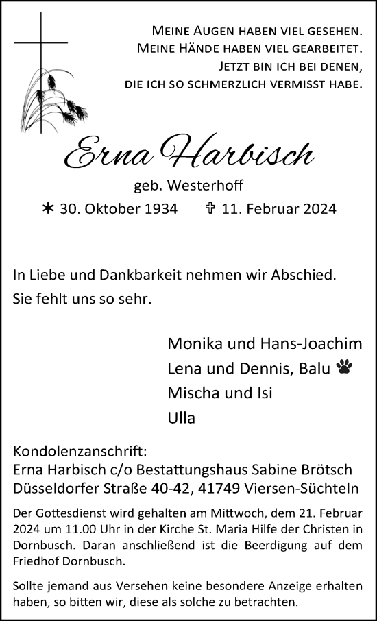 Traueranzeige von Erna Harbisch von trauer.extra-tipp-moenchengladbach.de