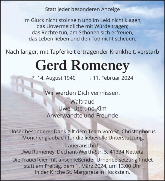 Traueranzeige von Gerd Romeney von trauer.extra-tipp-moenchengladbach.de