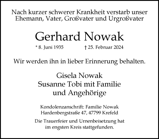 Traueranzeige von Gerhard Nowak von trauer.extra-tipp-moenchengladbach.de