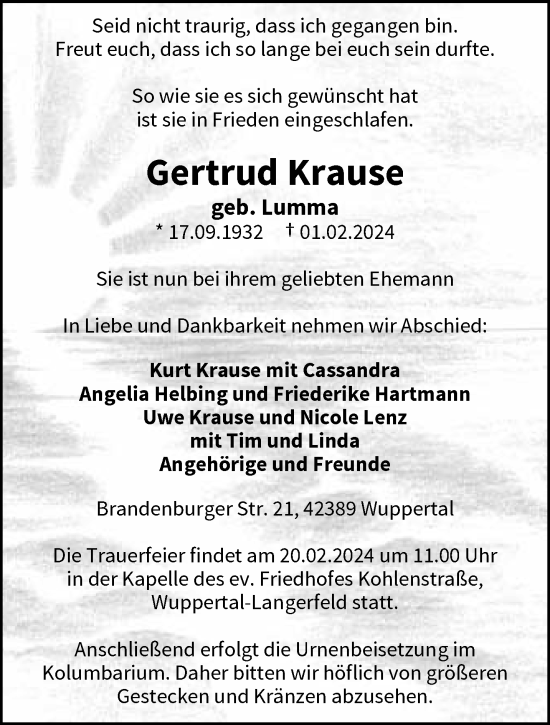 Traueranzeige von Gertrud Krause von trauer.wuppertaler-rundschau.de