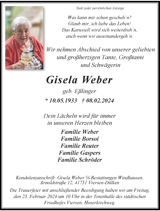 Traueranzeige von Gisela Weber von trauer.extra-tipp-moenchengladbach.de