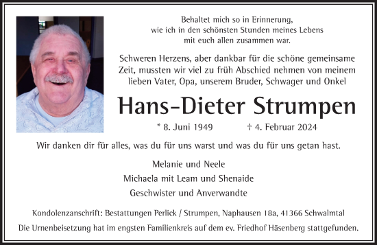 Traueranzeige von Hans-Dieter Strumpen von trauer.extra-tipp-moenchengladbach.de