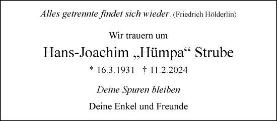 Traueranzeige von Hans-Joachim Strube von trauer.wuppertaler-rundschau.de