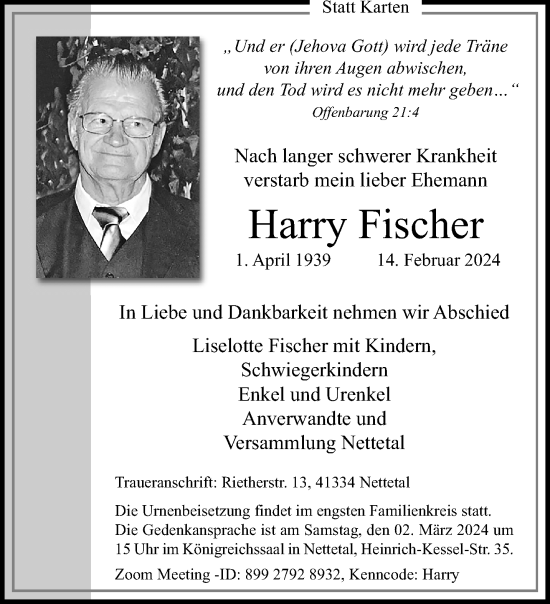 Traueranzeige von Harry Fischer von trauer.extra-tipp-moenchengladbach.de