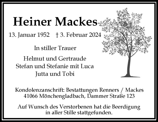 Traueranzeige von Heiner Mackes von trauer.extra-tipp-moenchengladbach.de