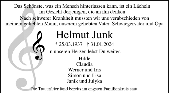 Traueranzeige von Helmut Junk von trauer.extra-tipp-moenchengladbach.de