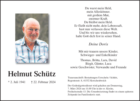 Traueranzeige von Helmut Schütz von trauer.extra-tipp-moenchengladbach.de