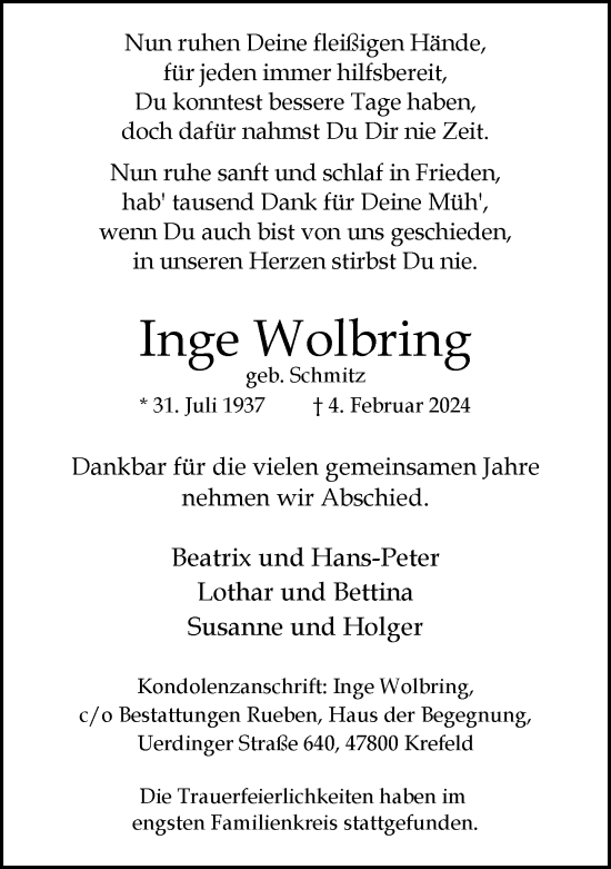Traueranzeige von Inge Wolbring von trauer.extra-tipp-moenchengladbach.de