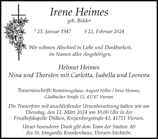 Traueranzeige von Irene Heimes von trauer.extra-tipp-moenchengladbach.de