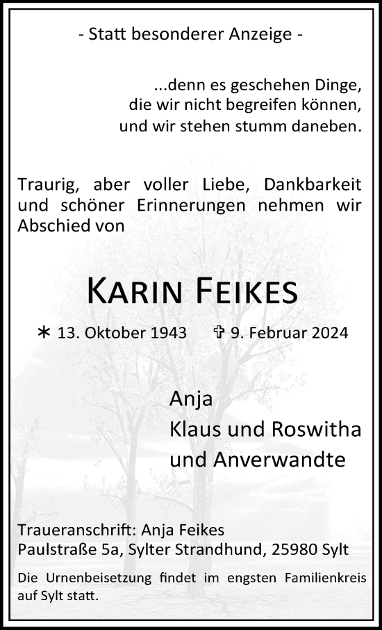 Traueranzeige von Karin Feikes von trauer.extra-tipp-moenchengladbach.de