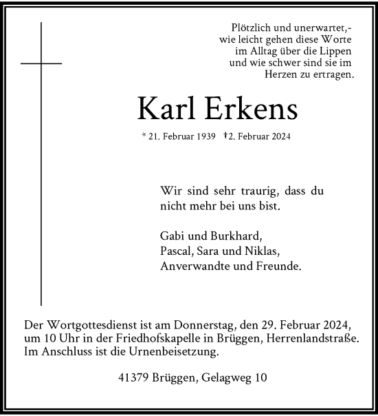Traueranzeige von Karl Erkens von trauer.extra-tipp-moenchengladbach.de