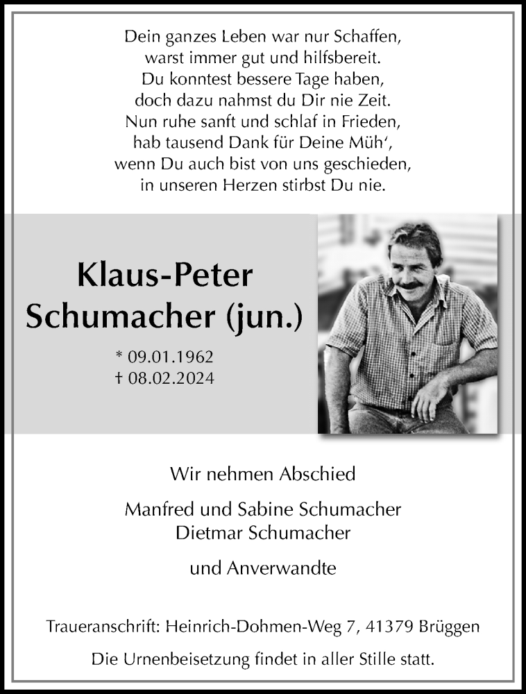  Traueranzeige für Klaus-Peter Schumacher vom 18.02.2024 aus trauer.extra-tipp-moenchengladbach.de