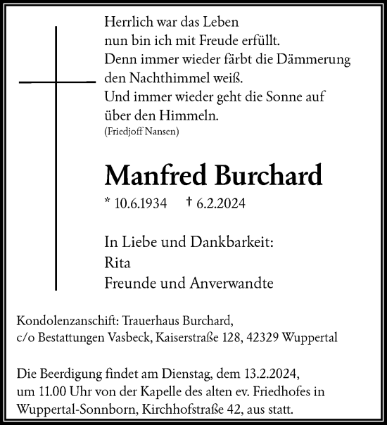 Traueranzeige von Manfred Burchard von trauer.wuppertaler-rundschau.de