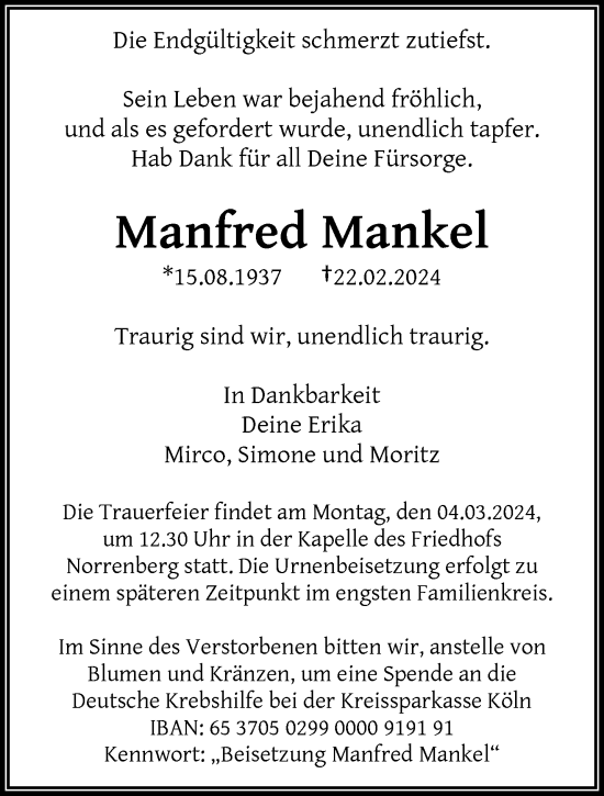 Traueranzeige von Manfred Mankel von trauer.wuppertaler-rundschau.de