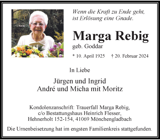 Traueranzeige von Marga Rebig von trauer.extra-tipp-moenchengladbach.de