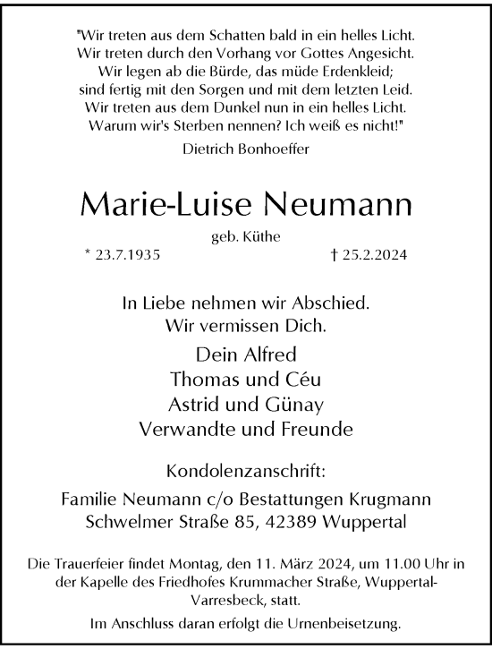 Traueranzeige von Marie-Luise Neumann von trauer.wuppertaler-rundschau.de